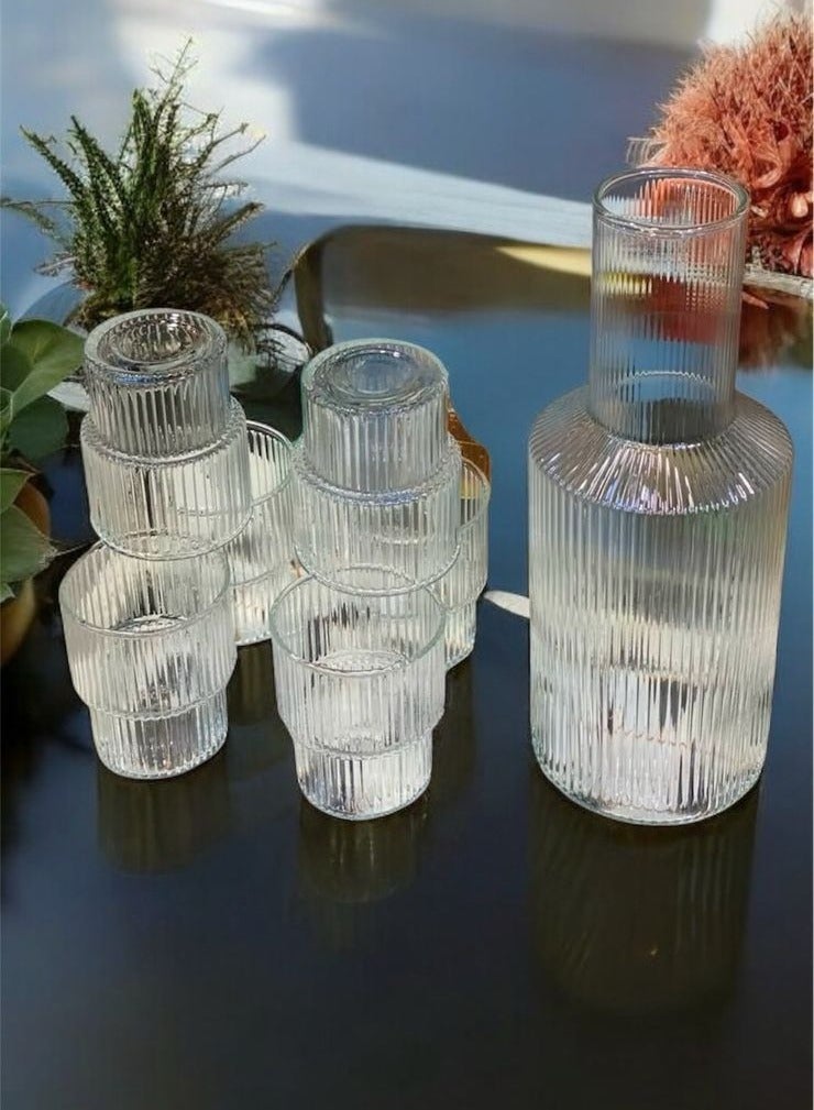 7-Piece Ribbed Glass Carafe Set Jug +6 Cups (Clear) - Image 1